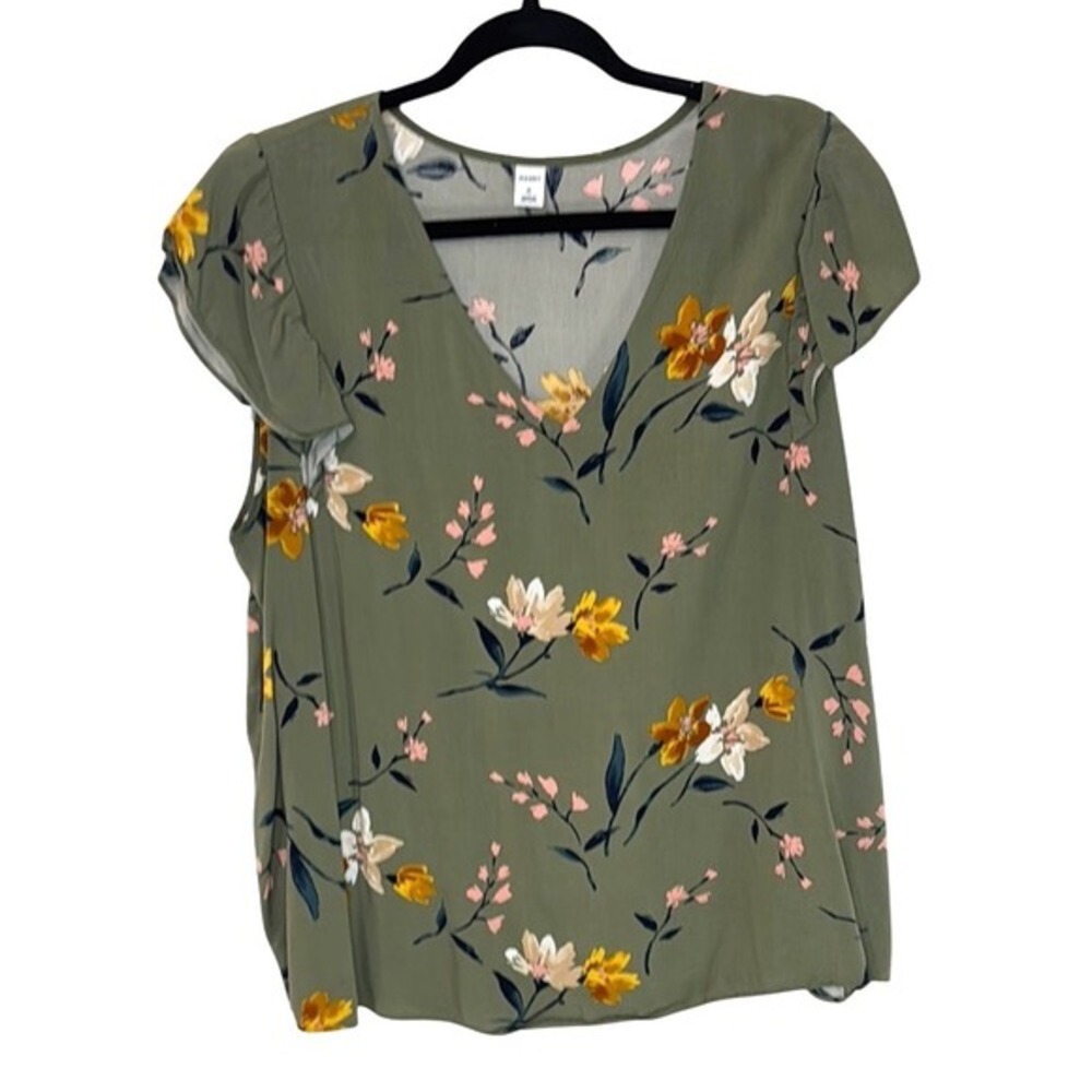 Old Navy Green Flutter Sleeve Floral‎ Print V-neck Blouse Top Women's XL